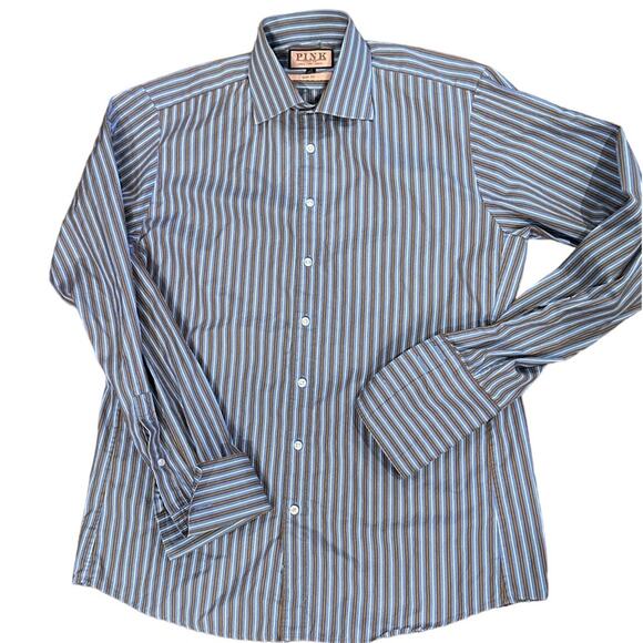 Thomas Pink Mens French Cuff Blue and Brown Striped Dress Shirt Size 16 Slim Fit - Picture 1 of 7